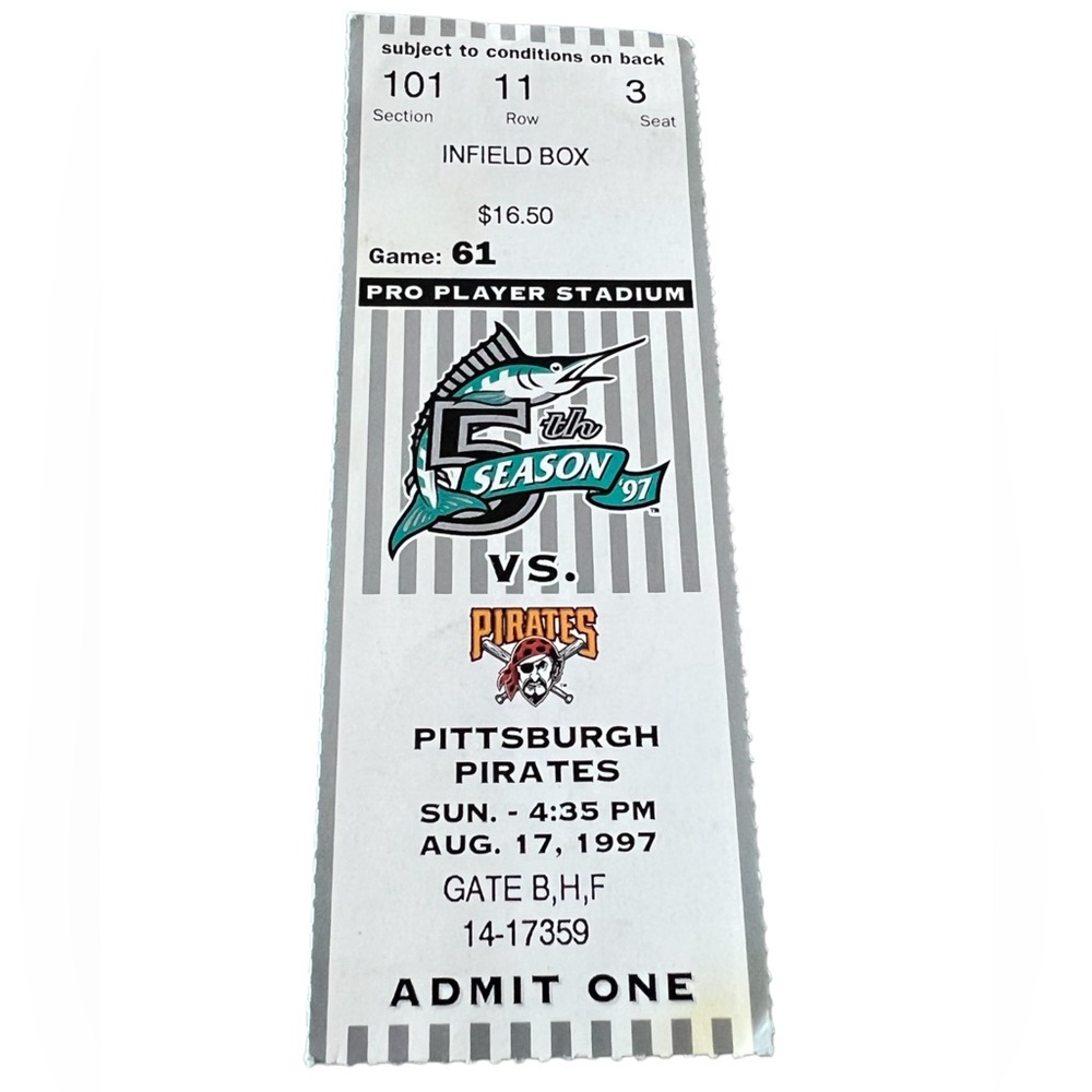 Florida Marlins 8/17/1997 MLB ticket stub vs Pittsburgh Pirates.